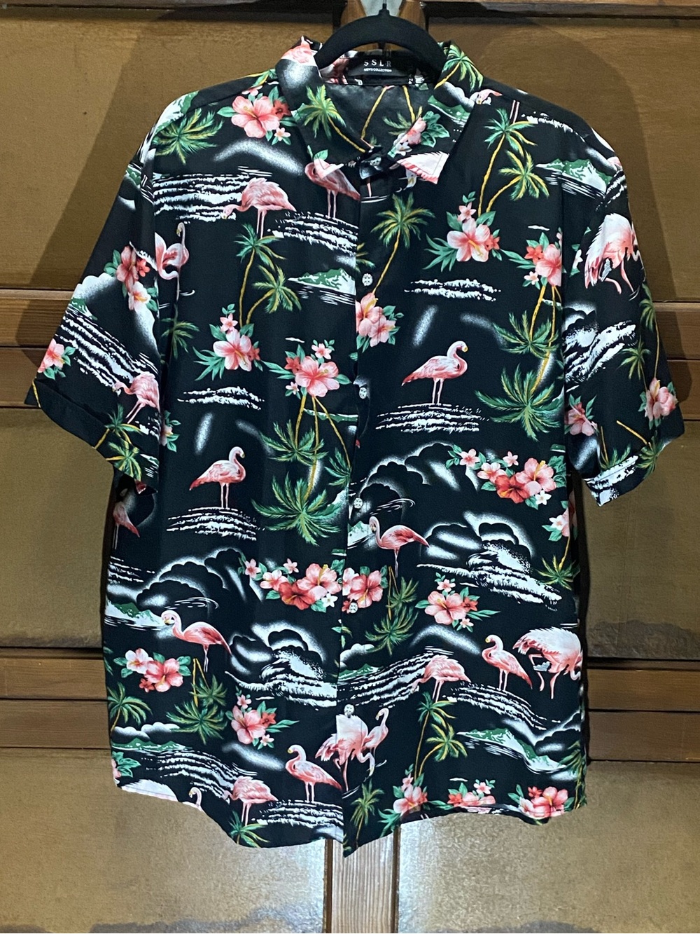 Tropical Flamingo Print Short-Sleeve Button-Down Shirt - Black
